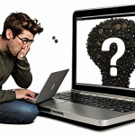 **A person looking suspiciously at an email on their laptop, with a thought bubble showing a padlock and question mark.** (This visualizes being skeptical of unexpected communication and checking the sender.)